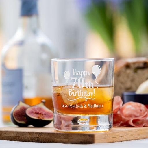 70th Birthday Engraved Whiskey Glass - Personalised Message with a Happy 70th Birthday Heart Design in Ready to Present Gift Tube Design 5 - YouPersonalise