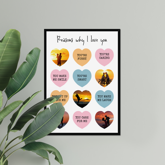 Reasons I Love You Personalised Photo Collage Upload With Messages and Framed in A3 Size - White or Black - YouPersonalise