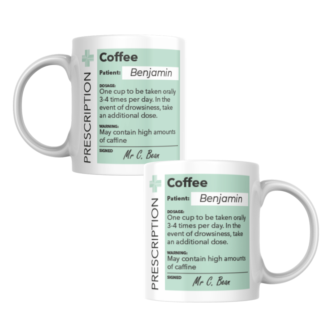 Personalised Prescription Mug Choice Coffee Tea & Hot Chocolate Themes Novelty Gift