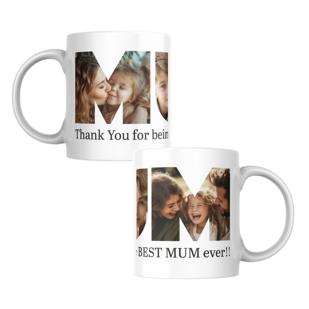 Mum Shaped Personalised Photos Mug custom message