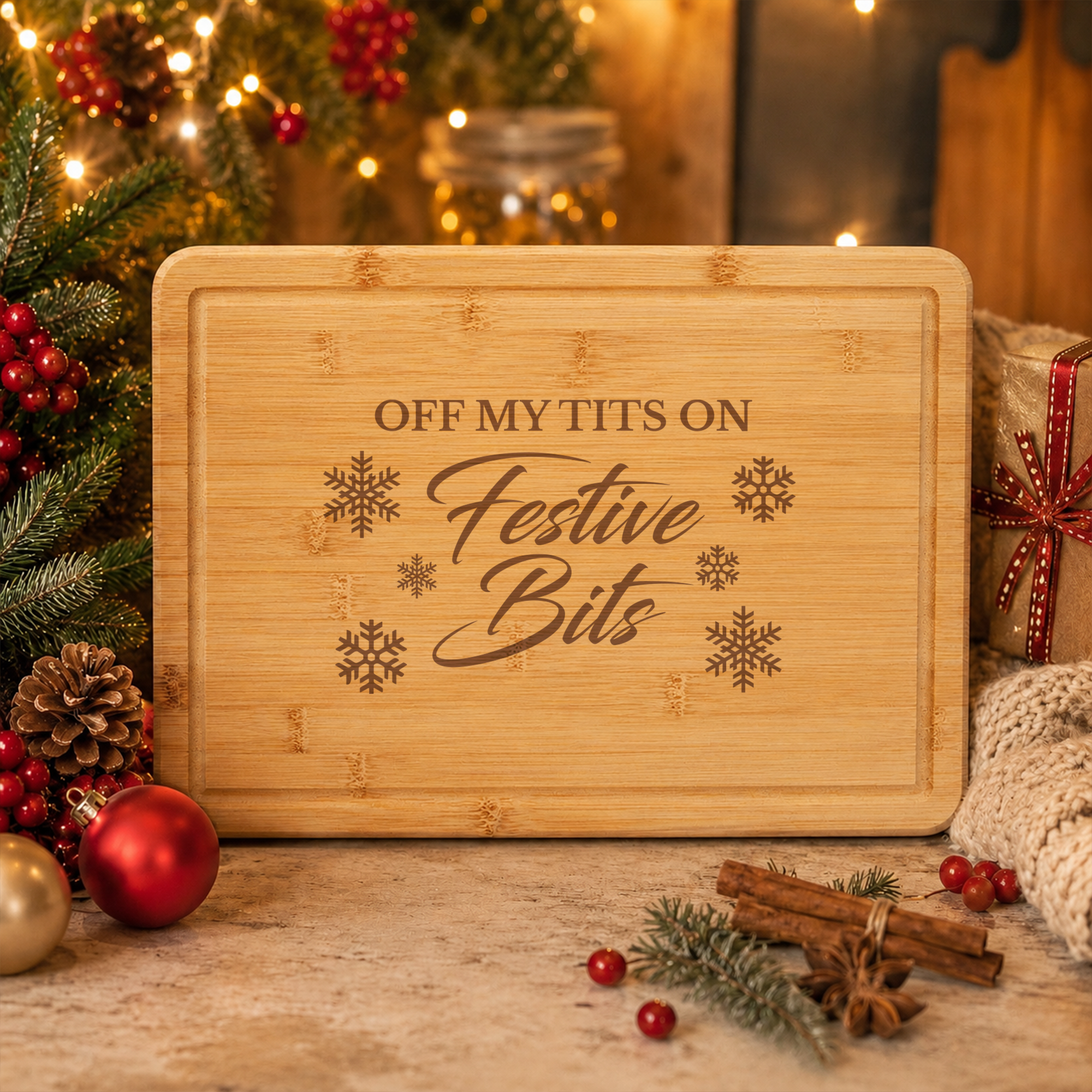 Off My Tits on Festive Bits Engraved Rubberwood Chopping Board