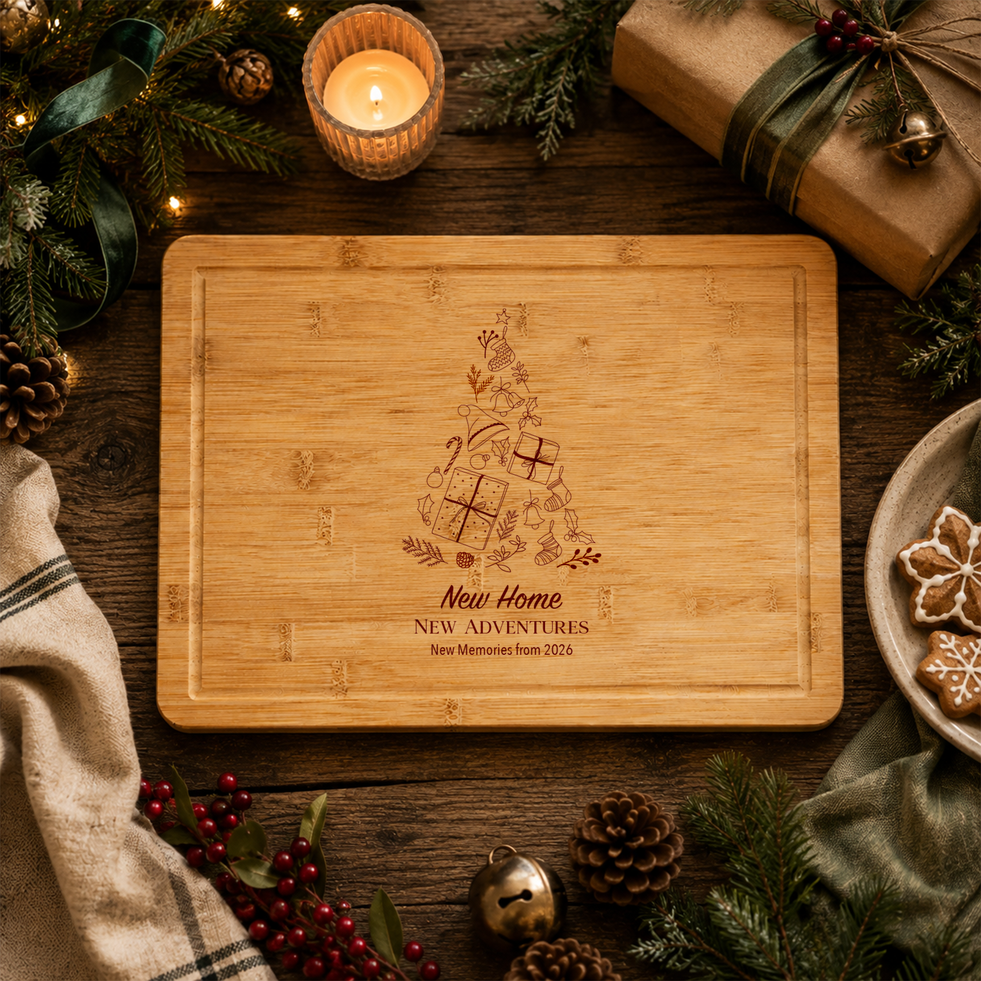 Christmas Tree Themed Rubberwood Chopping Board Custom Text