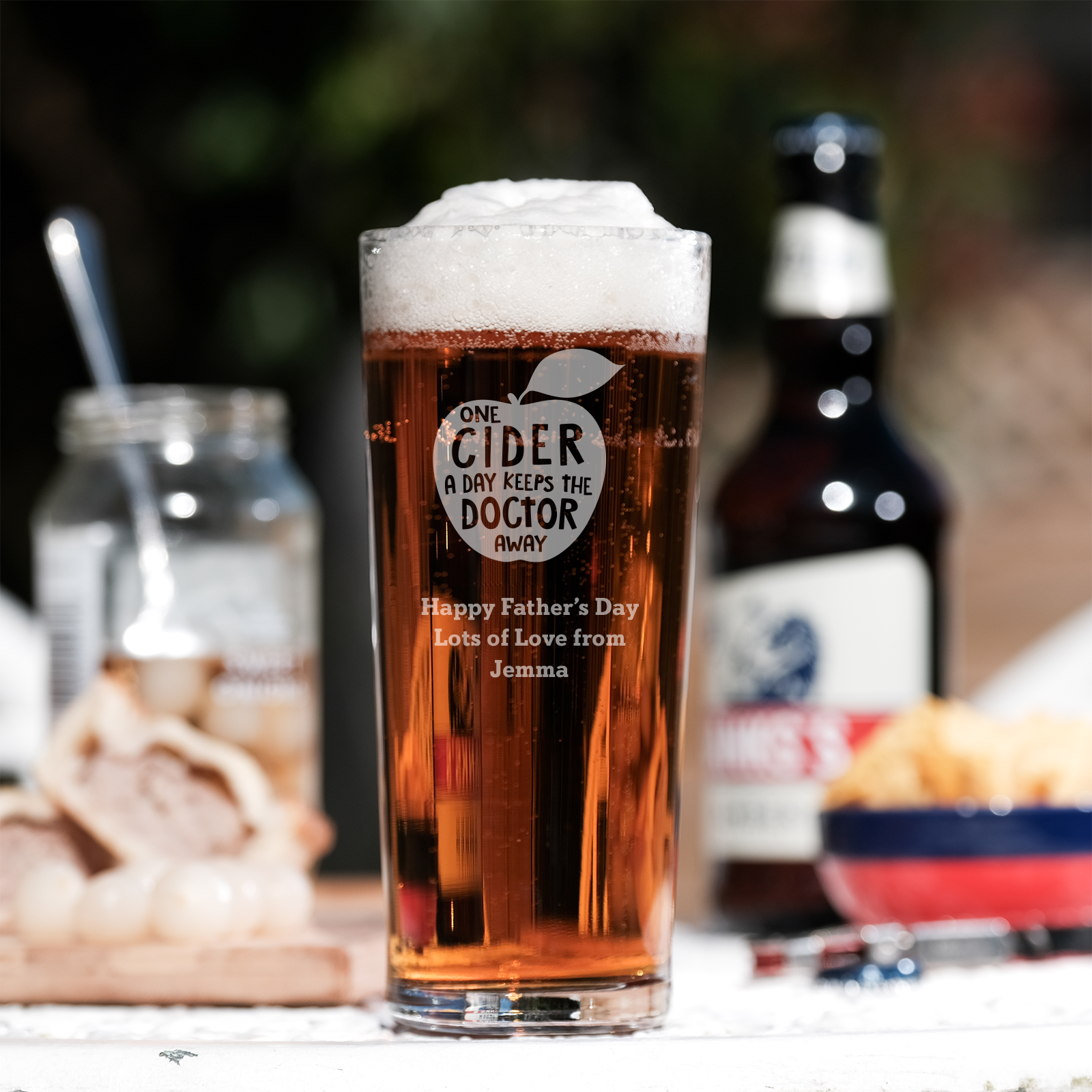Personalised Engraved Pint Glass & 6 Cider Bottles Gift Set - Laser Engraved Name/Message, 20oz Glass, Jute Bag
