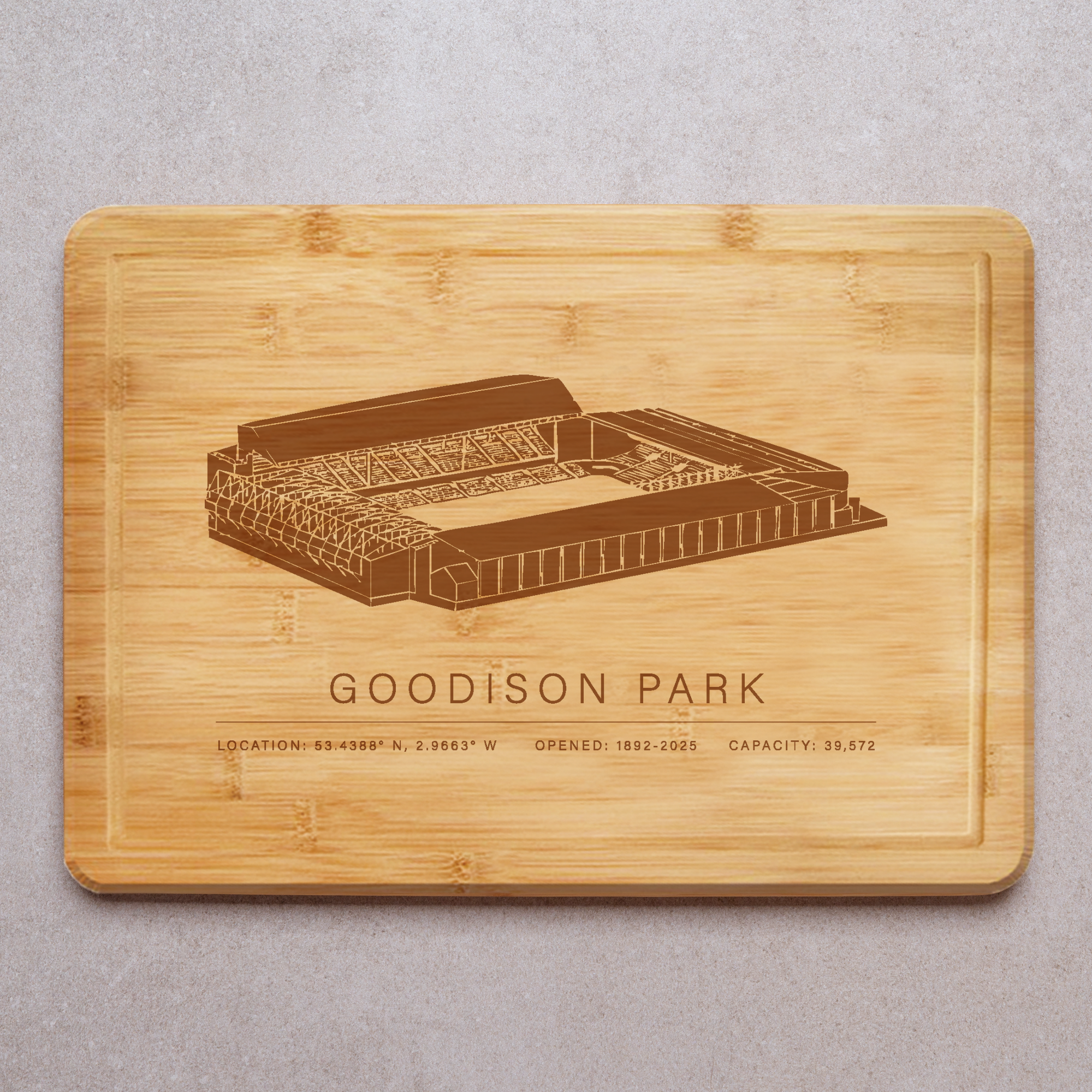 Goodison Park Engraved Rubberwood Chopping Board – Tribute to Evertons Historic Stadium