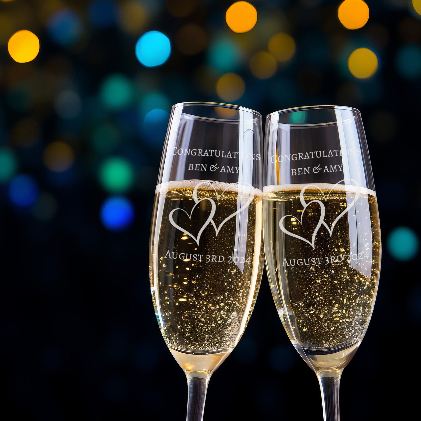 Heart Design Couples Pair Champagne Flutes fully text