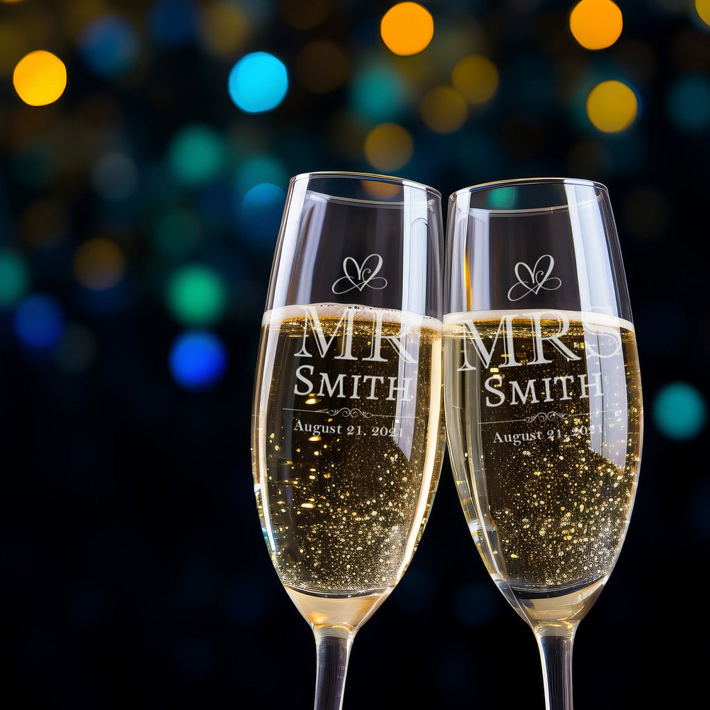 Mr & Mrs Modern Design Personalised Couples Pair of Champagne Flutes in Gift Box - YouPersonalise