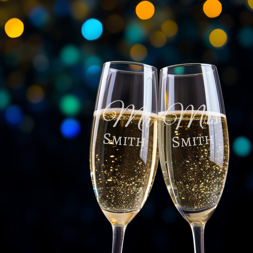 Mr & Mrs Simple Personalised Couples Pair of Champagne Flutes in Gift Box - YouPersonalise