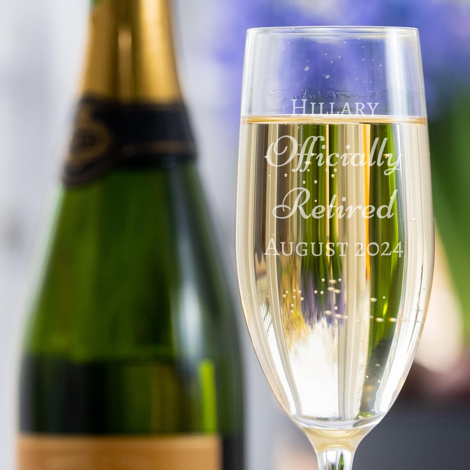 Officially Retired engraved retirement champagne flute or glass