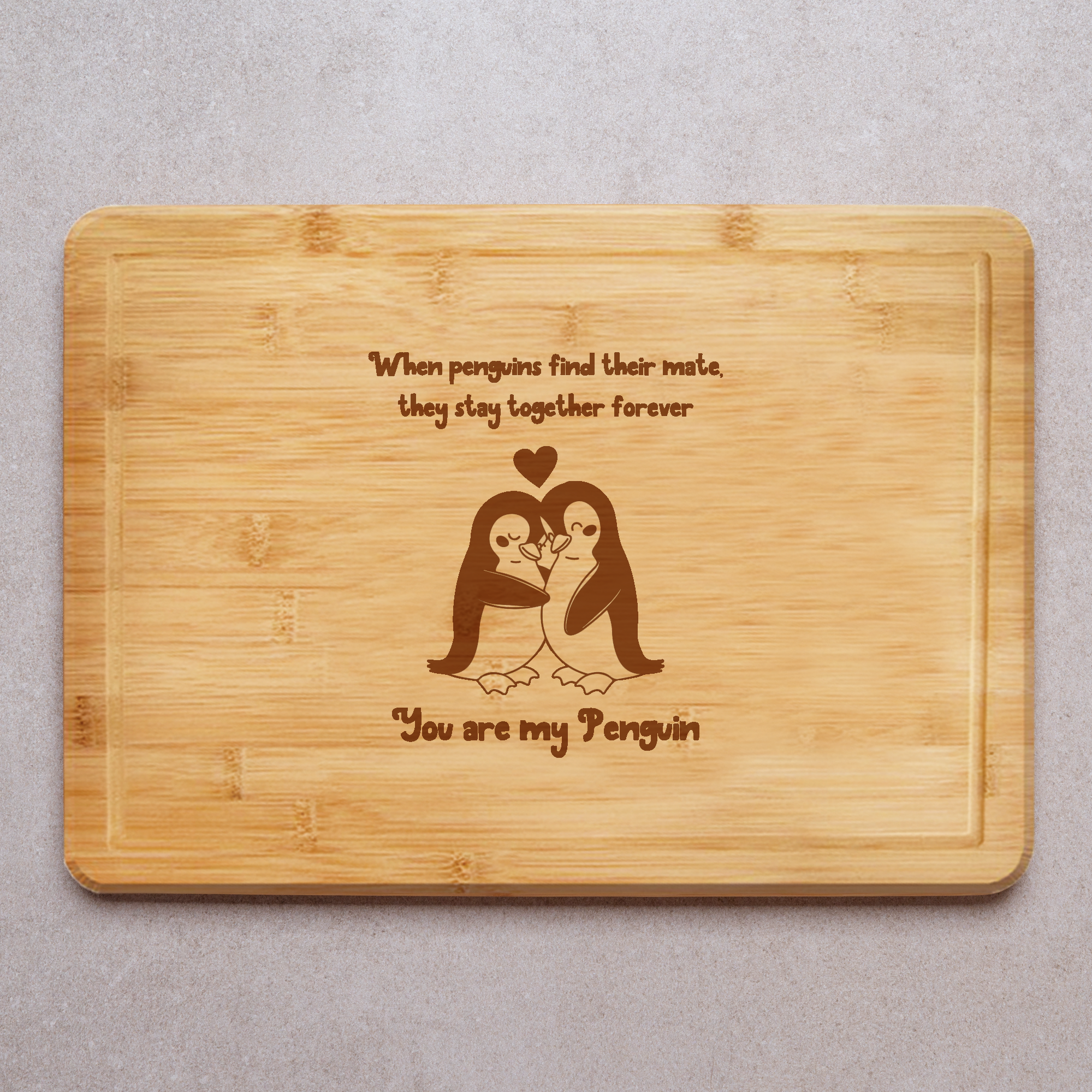 Romantic Penguin Couple Wooden Cutting Board Laser Engraved Kitchen Board Love Quote