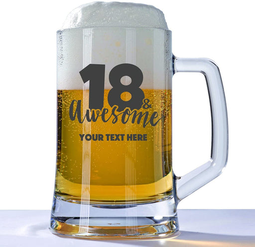 Personalised 18th Birthday Huge Engraved 660ml Tankard Glass Stein - 18 & Awesome with Custom Name or Message Design 18 & Awesome - YouPersonalise