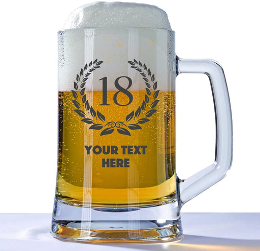 Personalised 18th Birthday Huge Engraved 660ml Tankard Glass Stein - 18 & Awesome with Custom Name or Message Design 18 Wreath - YouPersonalise