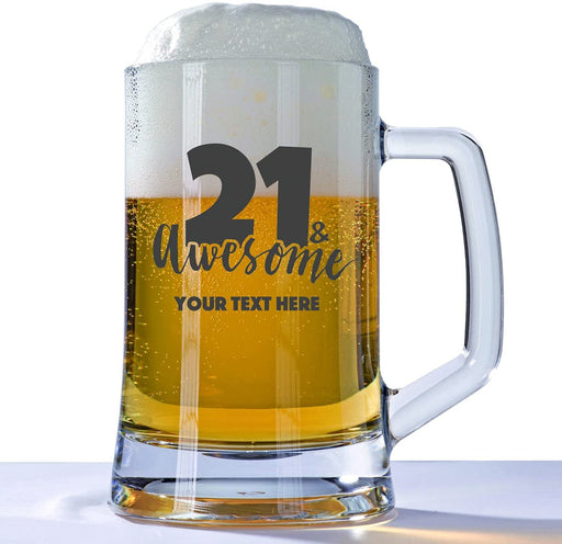 Personalised 21st Birthday Huge Engraved 660ml Tankard Glass Stein - 21 & Awesome with Custom Name or Message Design 21 & Awesome - YouPersonalise