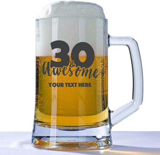Personalised 30th Birthday Huge Engraved 660ml Tankard Glass Stein - 30 & Awesome with Custom Name or Message Design 30 & Awesome - YouPersonalise