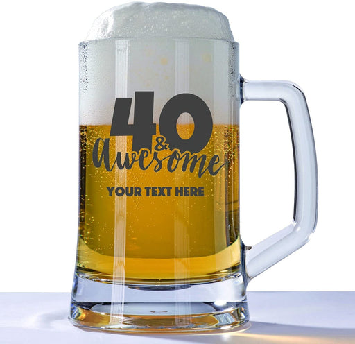 Personalised 40th Birthday Huge Engraved 660ml Tankard Glass Stein - 40 & Awesome with Custom Name or Message Design 40 & Awesome - YouPersonalise