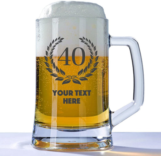 Personalised 40th Birthday Huge Engraved 660ml Tankard Glass Stein - 40 & Awesome with Custom Name or Message Design 40 Wreath - YouPersonalise