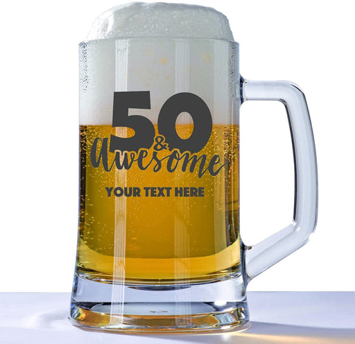 Personalised 50th Birthday Huge Engraved 660ml Tankard Glass Stein - 50 & Awesome with Custom Name or Message Design 50 & Awesome - YouPersonalise
