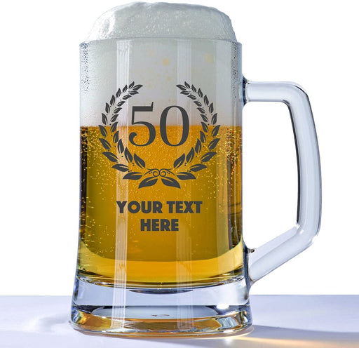 Personalised 50th Birthday Huge Engraved 660ml Tankard Glass Stein - 50 & Awesome with Custom Name or Message Design 50 Wreath - YouPersonalise