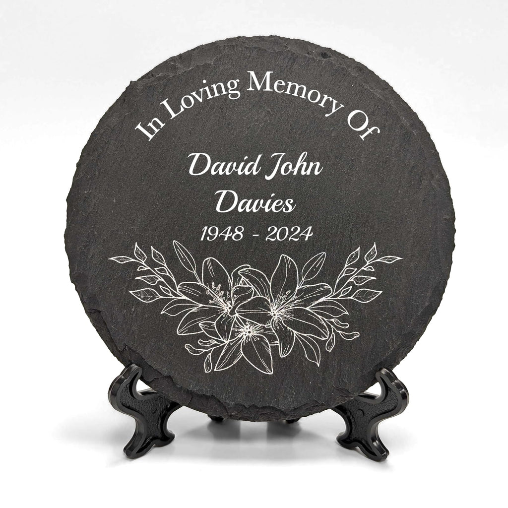 Personalised UV Printed Memorial On 100mm Circle Shaped Slate With Optional Display Stand - YouPersonalise