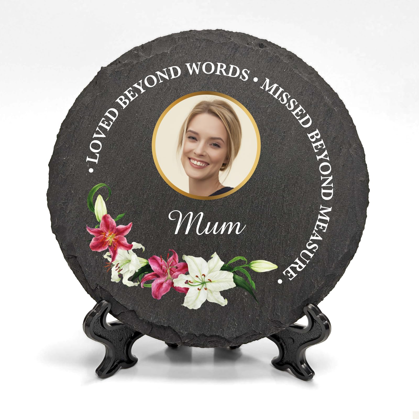 Personalised UV Printed Photo Memorial On 100mm Circle Shaped Slate Display Stand