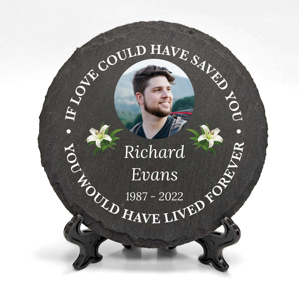Personalised UV Printed Photo Memorial On 100mm Circle Shaped Slate With Optional Display Stand - YouPersonalise