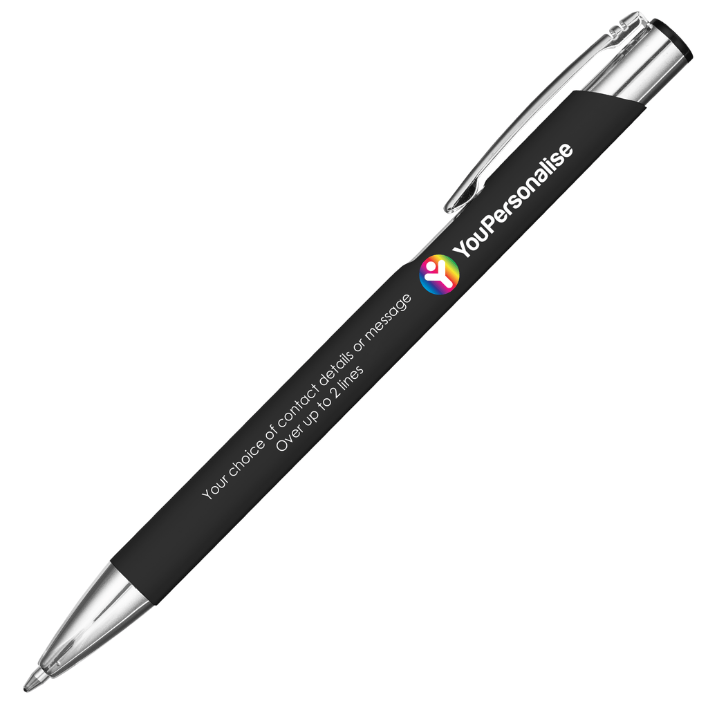 Premium Business Logo and Text Personalised Promotional Full Colour Print Soft Touch Mood Pens in Black - YouPersonalise