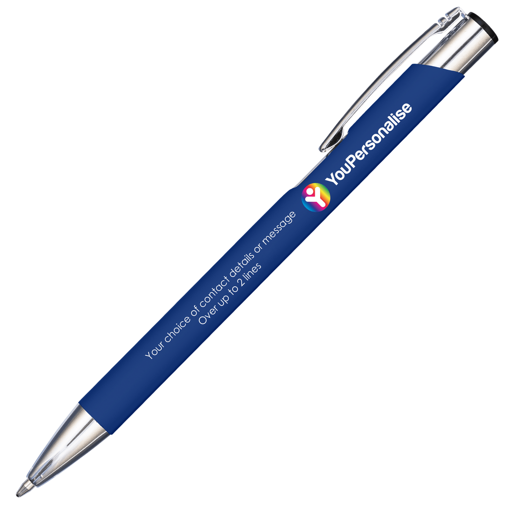 Premium Business Logo and Text Personalised Promotional Full Colour Print Soft Touch Mood Pens in Blue - YouPersonalise