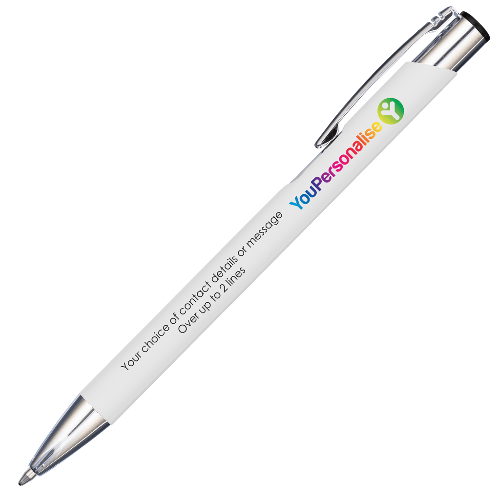 Premium Business Logo and Text Personalised Promotional Full Colour Print Soft Touch Mood Pens in White - YouPersonalise