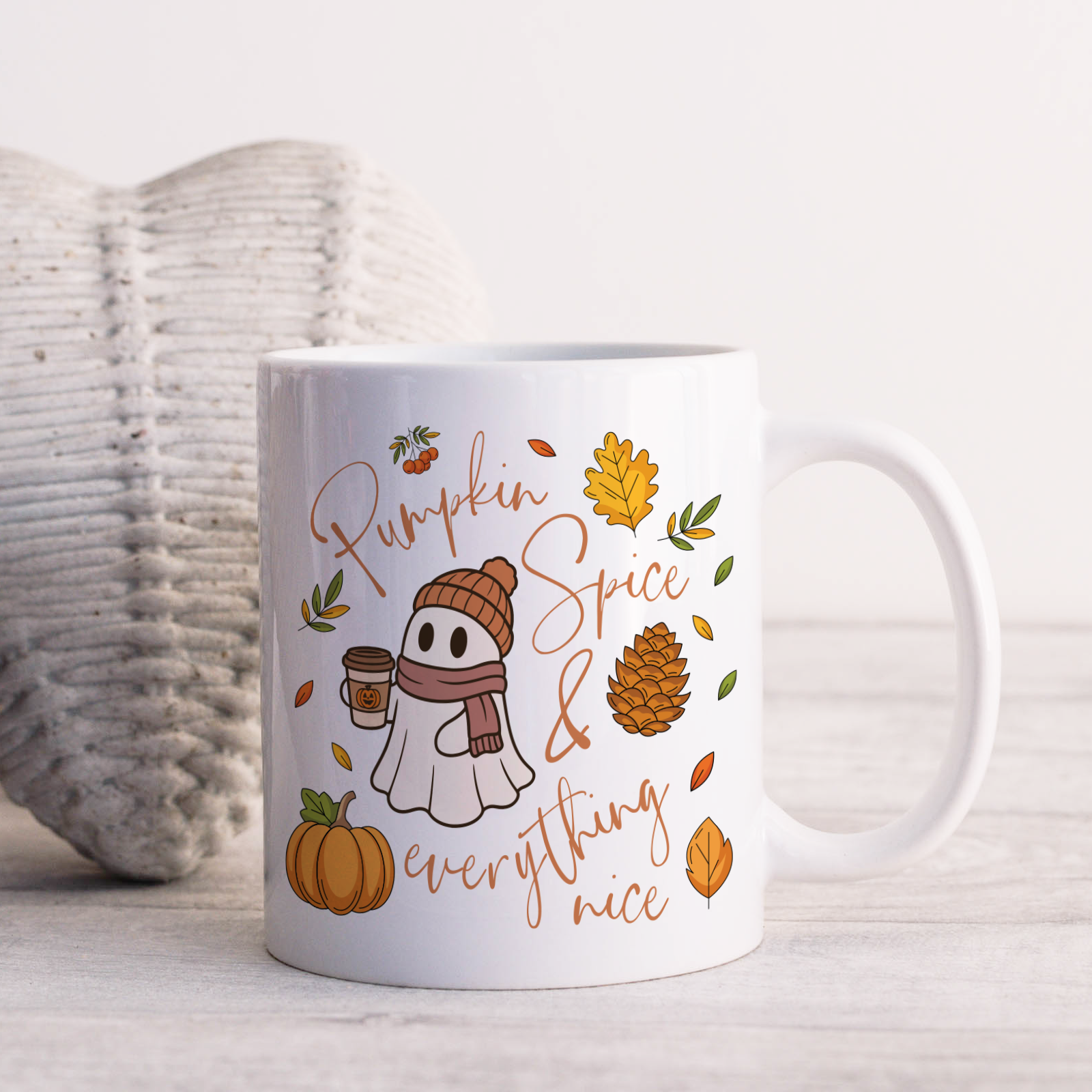 Pumpkin Spice and Everything Nice Ceramic Mug | Fall Season Design, Ghost With Beanie Hat