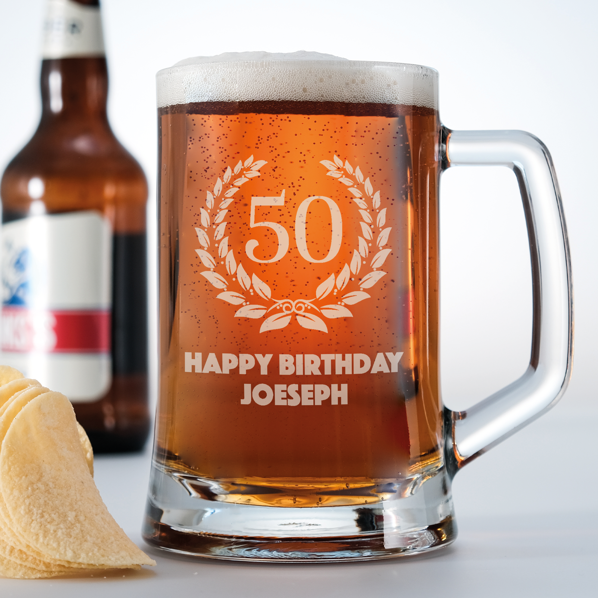 Personalised ANY age Birthday Tankard Glass Stein Wreath design