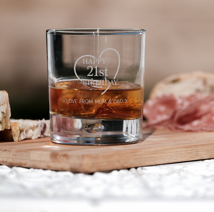 21st Birthday Engraved Whiskey Glass - Personalised Message with a Happy 21st Birthday Heart Design Design 1 - YouPersonalise