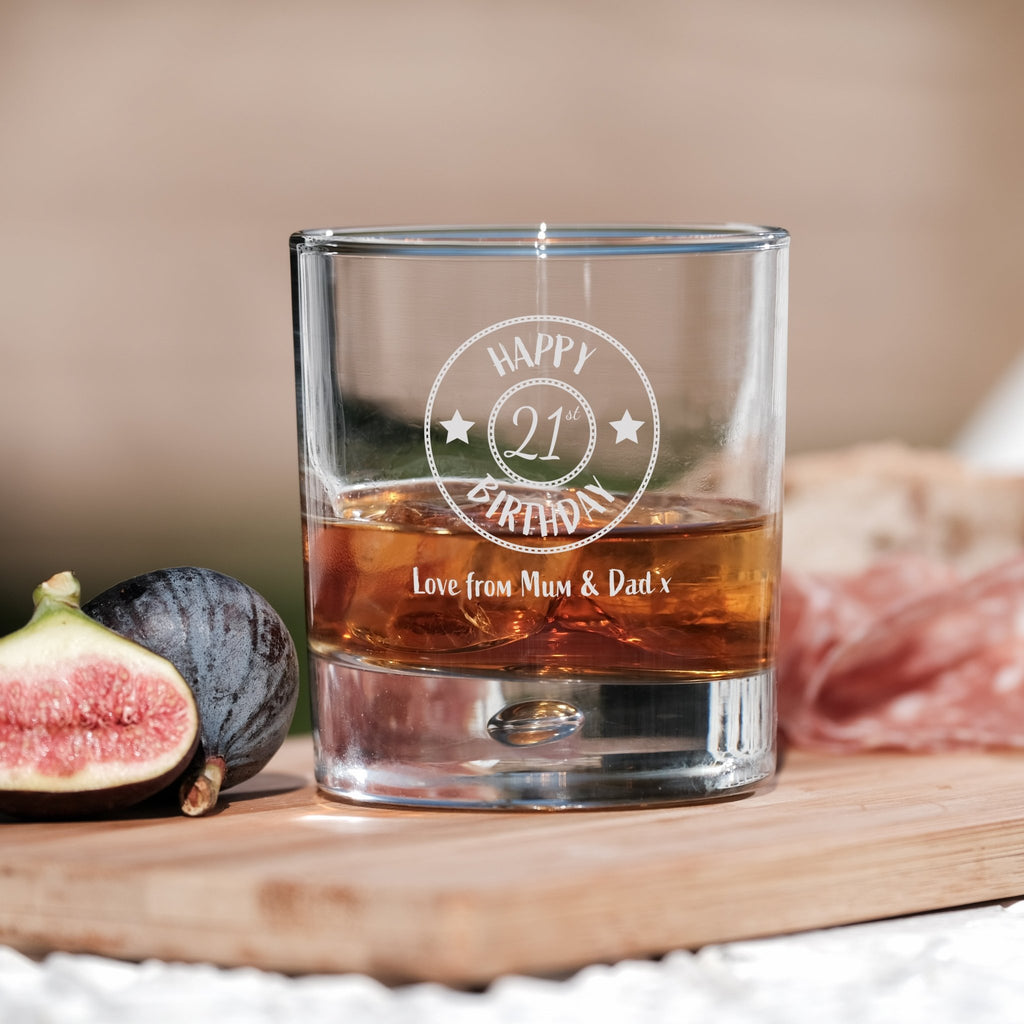 21st Birthday Engraved Whiskey Glass - Personalised Message with a Happy 21st Birthday Heart Design Design 7 Whiskey Glass