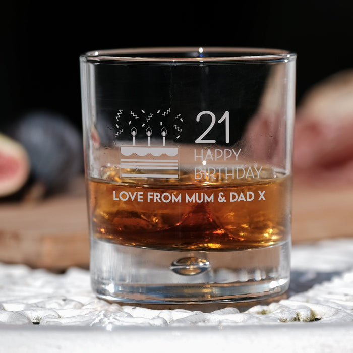 21st Birthday Engraved Whiskey Glass - Personalised Message with a Happy 21st Birthday Heart Design Design 8 - YouPersonalise