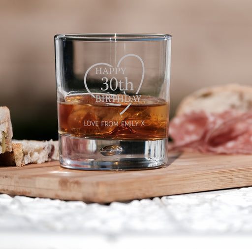 30th Birthday Engraved Whiskey Glass - Personalised Message with a Happy 30th Birthday Heart Design in Ready to Present Gift Tube Design 1 - YouPersonalise