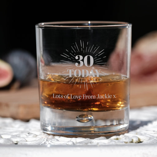30th Birthday Engraved Whiskey Glass - Personalised Message with a Happy 30th Birthday Heart Design in Ready to Present Gift Tube Design 3 - YouPersonalise