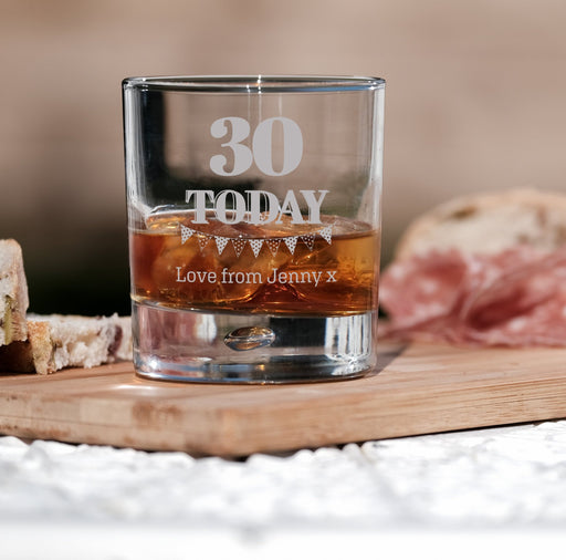 30th Birthday Engraved Whiskey Glass - Personalised Message with a Happy 30th Birthday Heart Design in Ready to Present Gift Tube Design 6 - YouPersonalise
