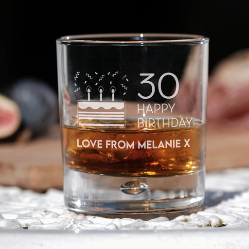 30th Birthday Engraved Whiskey Glass - Personalised Message with a Happy 30th Birthday Heart Design in Ready to Present Gift Tube Design 8 - YouPersonalise