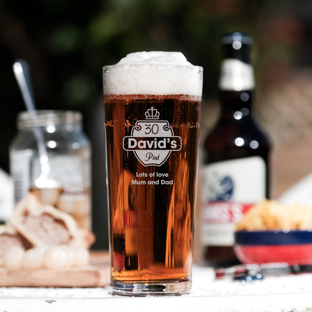 30th Crown Crest Design Personalised Engraved Pint Glass - YouPersonalise