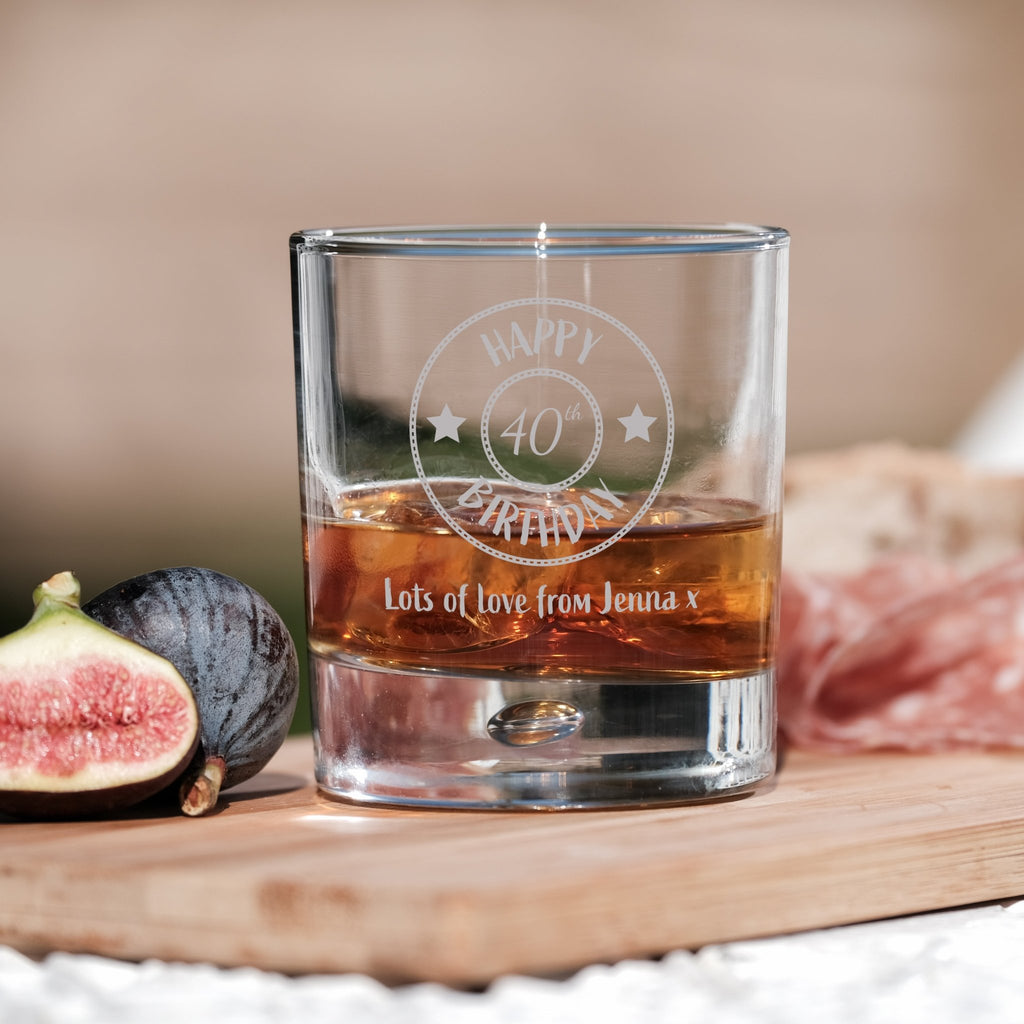 40th Birthday Engraved Whiskey Glass - Personalised Message with a Happy 40th Birthday Heart Design in Ready to Present Gift Tube Design 7 - YouPersonalise