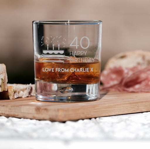 40th Birthday Engraved Whiskey Glass - Personalised Message with a Happy 40th Birthday Heart Design in Ready to Present Gift Tube Design 8 - YouPersonalise