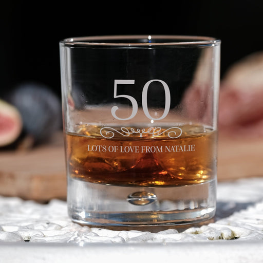 50th Birthday Engraved Whiskey Glass - Personalised Message with a Happy 50th Birthday Heart Design in Ready to Present Gift Tube Design 4 - YouPersonalise