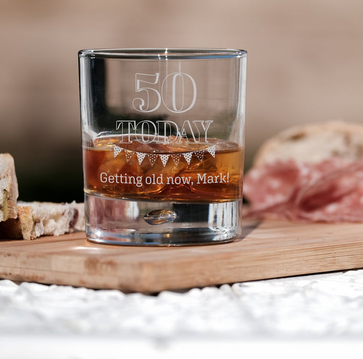 50th Birthday Engraved Whiskey Glass - Personalised Message with a Happy 50th Birthday Heart Design in Ready to Present Gift Tube Design 6 - YouPersonalise