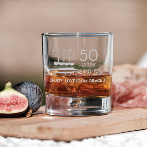 50th Birthday Engraved Whiskey Glass - Personalised Message with a Happy 50th Birthday Heart Design in Ready to Present Gift Tube Design 8 - YouPersonalise