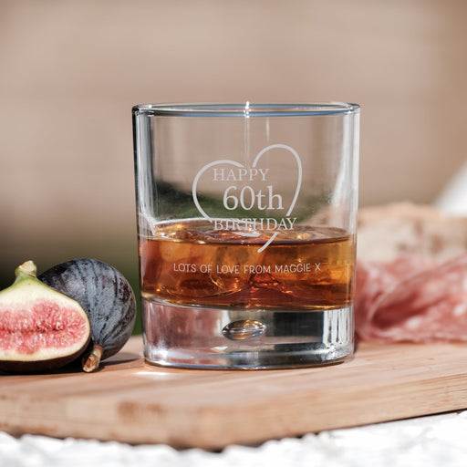 60th Birthday Engraved Whiskey Glass - Personalised Message with a Happy 60th Birthday Heart Design in Ready to Present Gift Tube Design 1 - YouPersonalise