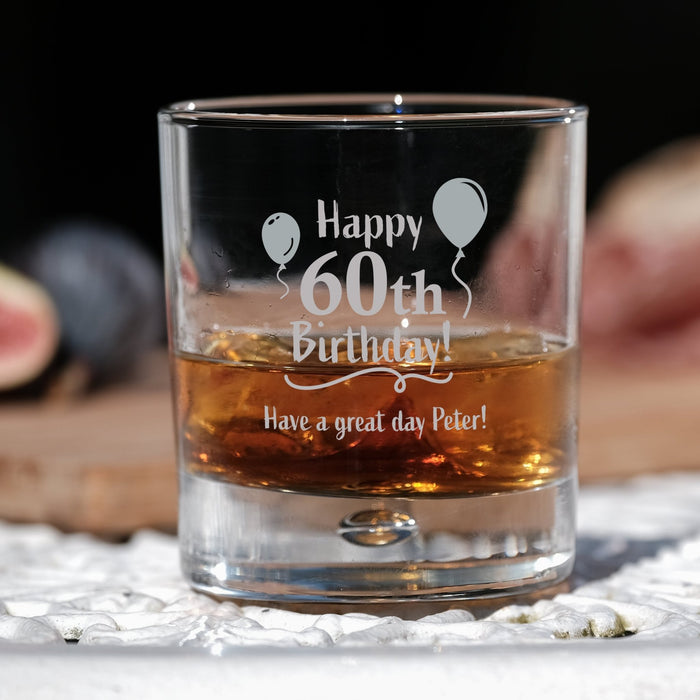 60th Birthday Engraved Whiskey Glass - Personalised Message with a Happy 60th Birthday Heart Design in Ready to Present Gift Tube Design 5 - YouPersonalise
