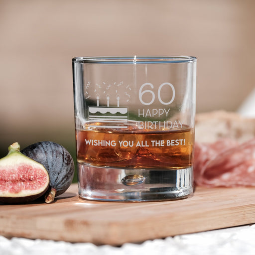 60th Birthday Engraved Whiskey Glass - Personalised Message with a Happy 60th Birthday Heart Design in Ready to Present Gift Tube Design 8 - YouPersonalise