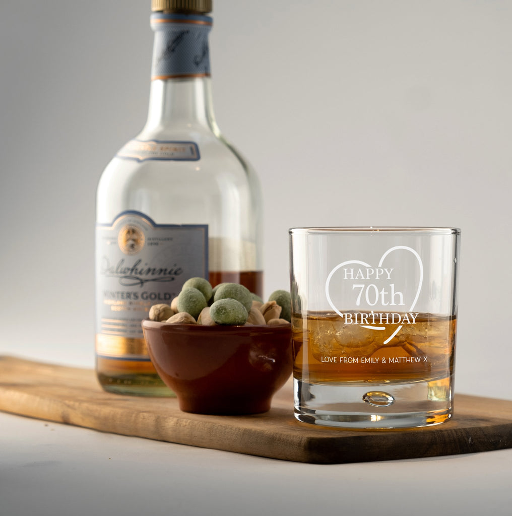 70th Birthday Engraved Whiskey Glass - Personalised Message with a Happy 70th Birthday Heart Design in Ready to Present Gift Tube Design 1 - YouPersonalise