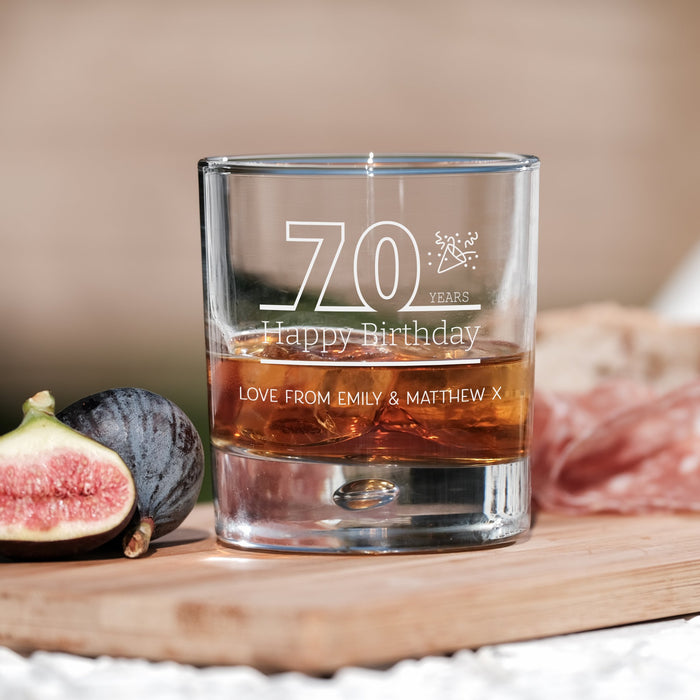 70th Birthday Engraved Whiskey Glass - Personalised Message with a Happy 70th Birthday Heart Design in Ready to Present Gift Tube Design 2 - YouPersonalise