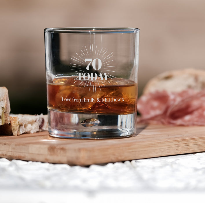 70th Birthday Engraved Whiskey Glass - Personalised Message with a Happy 70th Birthday Heart Design in Ready to Present Gift Tube Design 3 - YouPersonalise