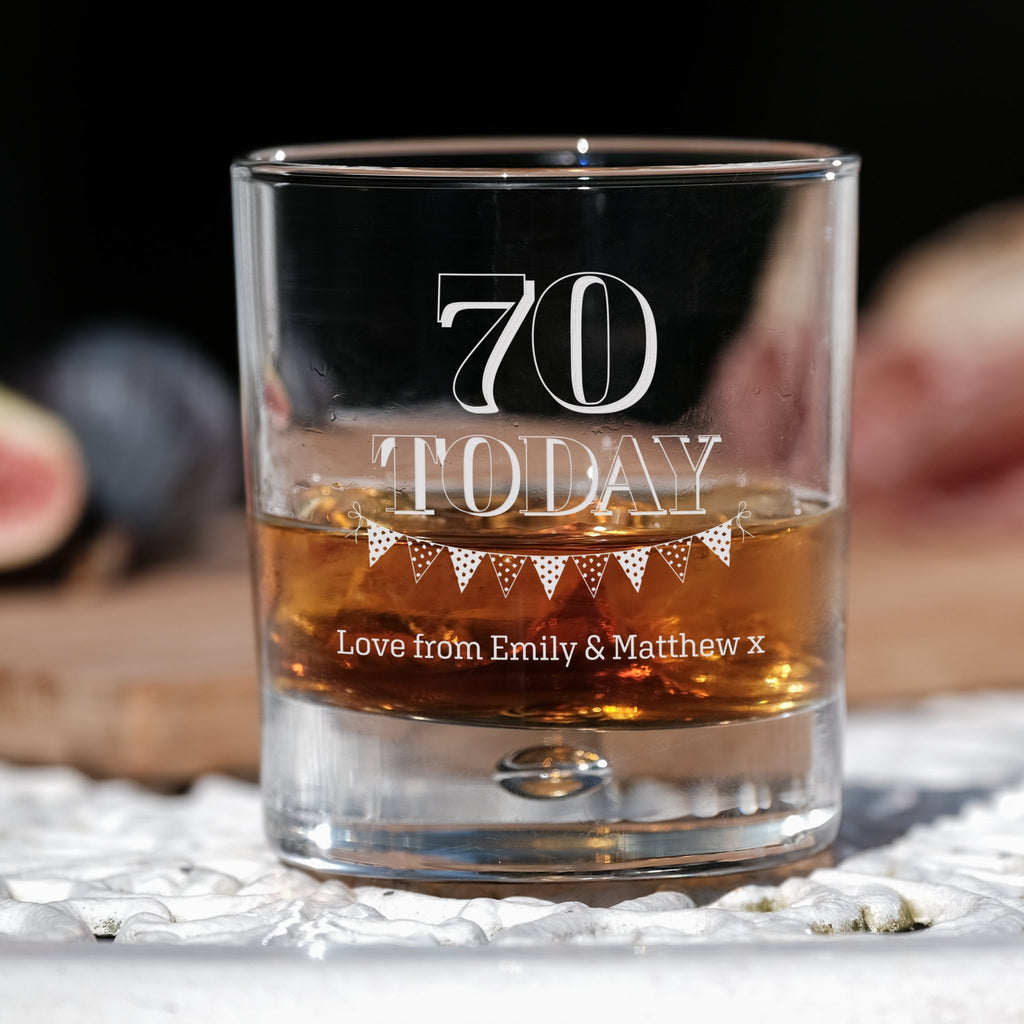 70th Birthday Engraved Whiskey Glass - Personalised Message with a Happy 70th Birthday Heart Design in Ready to Present Gift Tube Design 6 - YouPersonalise