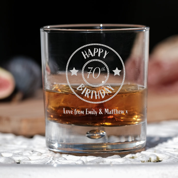 70th Birthday Engraved Whiskey Glass - Personalised Message with a Happy 70th Birthday Heart Design in Ready to Present Gift Tube Design 7 - YouPersonalise